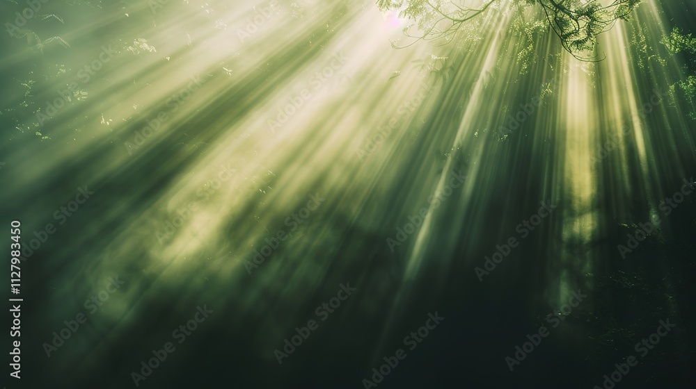 Beautiful Rays of Sunlight in a Green Forest, Shining Through the Trees, Creating a Serene and Picturesque Natural Scene. Beautiful Rays of Sunlight in a Green Forest, Shining Through the Trees, Creating a Serene and Picturesque Natural Scene.