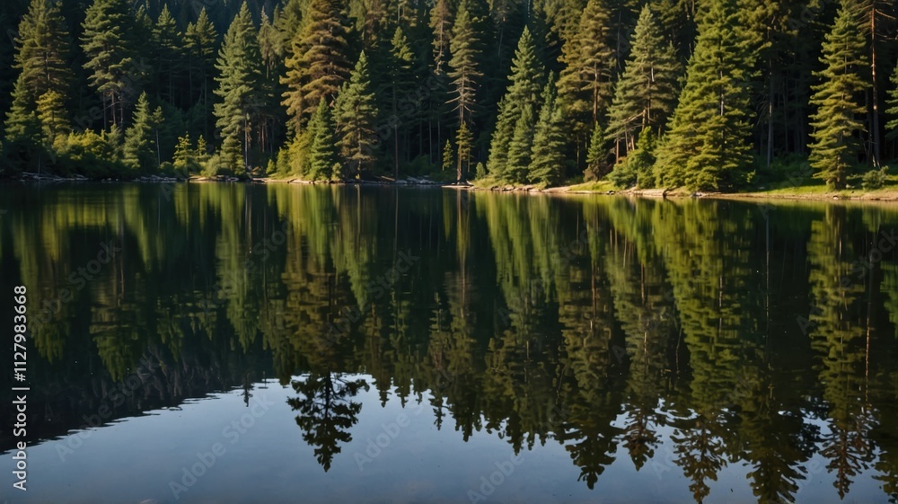 Evergreen reflections of nature serene lake surrounded by evergreen trees in a tranquil landscape environment Evergreen reflections of nature serene lake surrounded by evergreen trees in a tranquil landscape environment