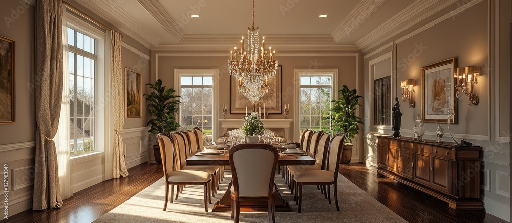 Fototapeta premium Sunlit formal dining room with chandelier, large table, and hardwood floors.