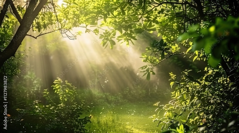 Beautiful Rays of Sunlight in a Green Forest, Shining Through the Trees, Creating a Serene and Picturesque Natural Scene. Beautiful Rays of Sunlight in a Green Forest, Shining Through the Trees, Creating a Serene and Picturesque Natural Scene.