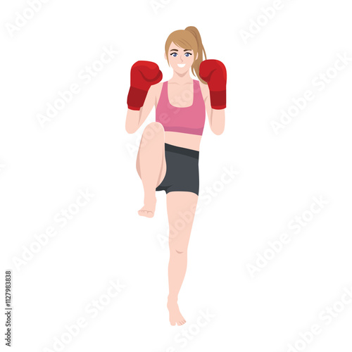 Young woman is a fighter muay thai make knee strike. Flat vector Character Illustration