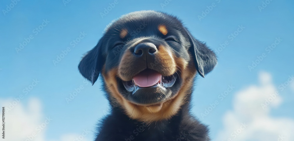 Happy Rottweiler puppy smiling against a bright blue sky. Happy Rottweiler puppy smiling against a bright blue sky.