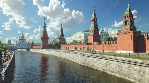 Moscow Kremlin, river, towers, wall, sunny day.