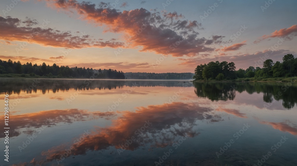 Fototapeta premium Serene sunset reflection over evergreen lake nature landscape photography tranquil environment scenic viewpoint