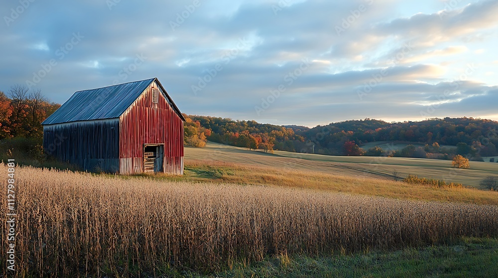 Obraz premium Rustic Red Barn in Golden Autumn Field. Tranquil Countryside Scene.