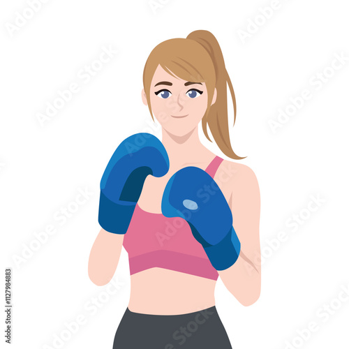 Young beautiful woman during fitness time and boxing. Flat vector Character Illustration