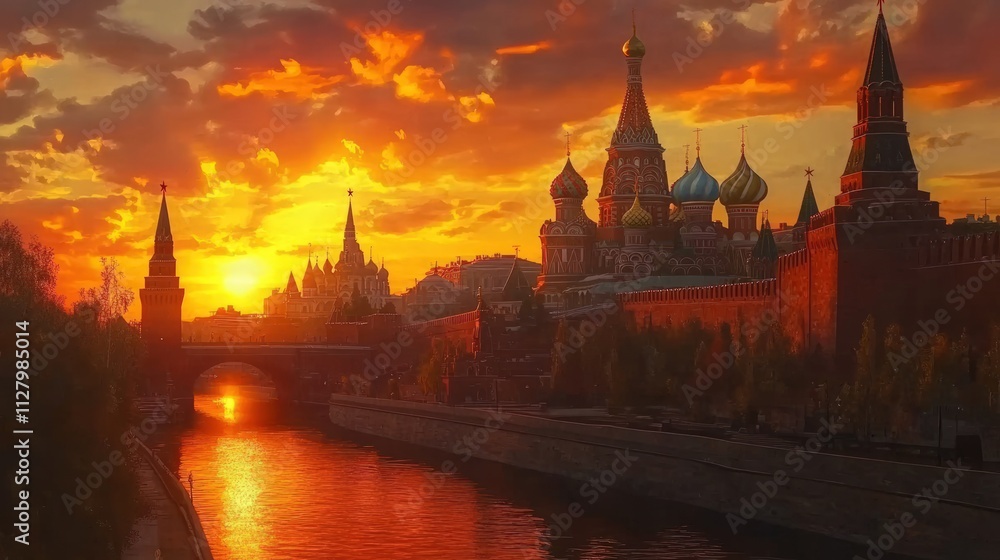 Naklejka premium Moscow Kremlin, sunset, river reflection, orange sky.