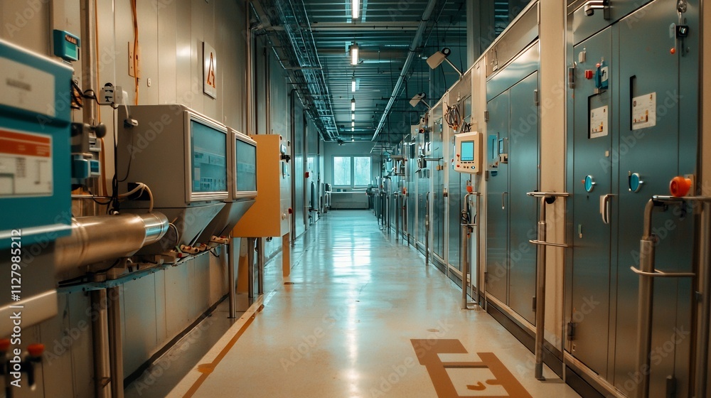 Photograph of an automated feeding system integrated into a smart farming network operating in a modern dairy cow barn to optimize productivity and sustainability Photograph of an automated feeding system integrated into a smart farming network operating in a modern dairy cow barn to optimize productivity and sustainability