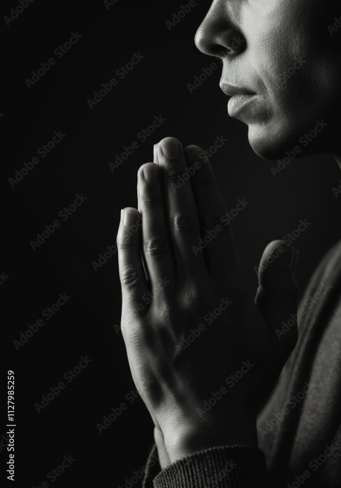 Contemplative Woman in Prayer with Hands Clasped - Monochrome Portrait Contemplative Woman in Prayer with Hands Clasped - Monochrome Portrait