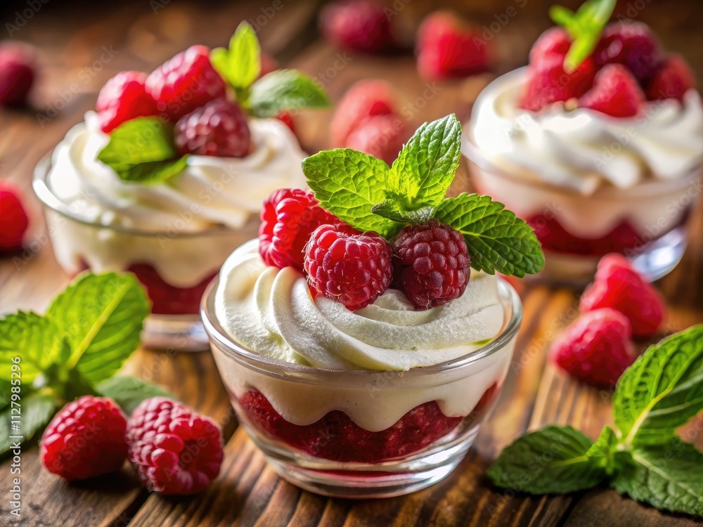 Close-up tilt-shift of luscious whipped cream, juicy raspberries, and fresh mint, a miniature dessert dreamscape. Close-up tilt-shift of luscious whipped cream, juicy raspberries, and fresh mint, a miniature dessert dreamscape.