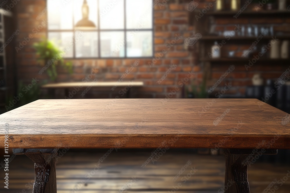 Rustic wooden table in a cozy, well-lit interior. Rustic wooden table in a cozy, well-lit interior.