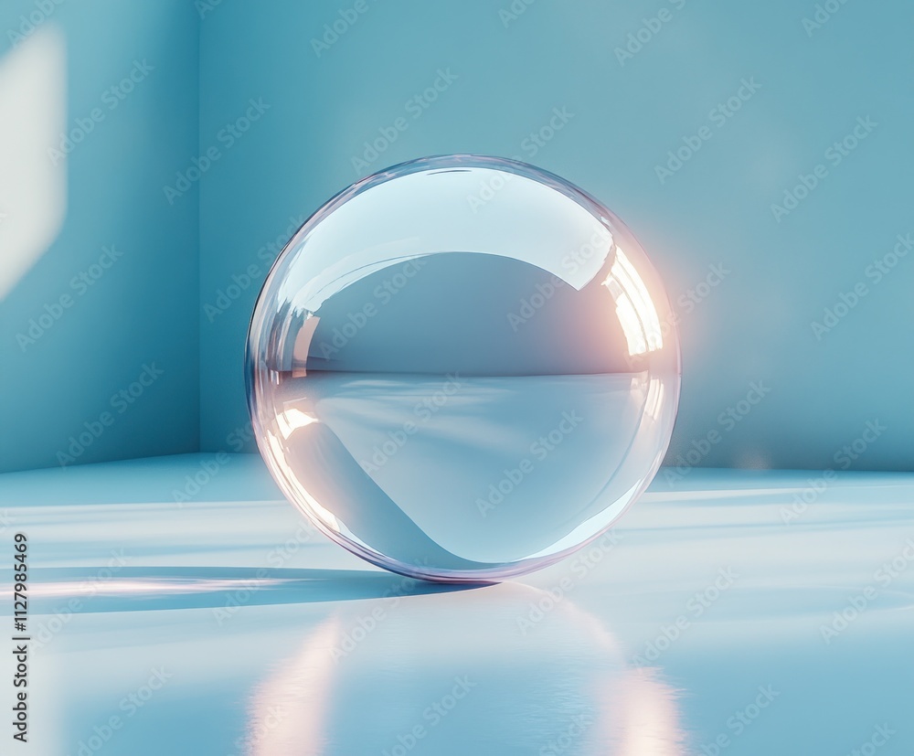 Floating glass sphere illuminated on pastel blue background with soft light and shadow Floating glass sphere illuminated on pastel blue background with soft light and shadow