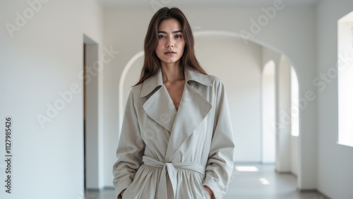 A fashion shoot featuring a woman in a white trench coat. The woman has long brown hair, and she is standing in an empty white hallway illuminated by window light. photo