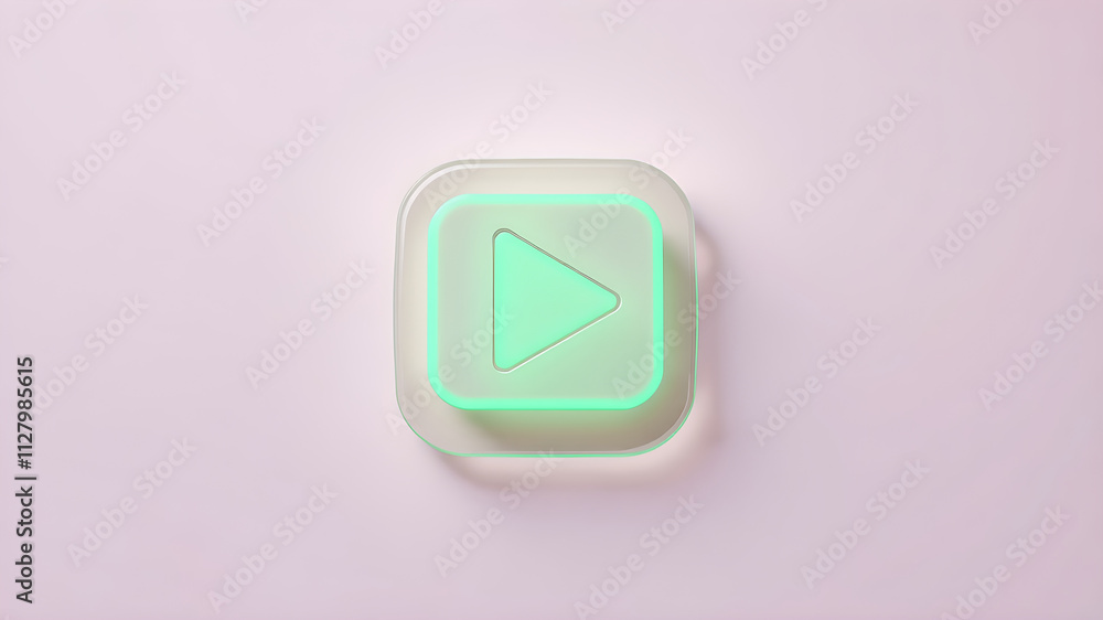 Abstract translucent glass play button icon with glowing pastel green edges, floating on a clean gradient lavender-to-pink background, rendered in ultra-detailed 8K Abstract translucent glass play button icon with glowing pastel green edges, floating on a clean gradient lavender-to-pink background, rendered in ultra-detailed 8K