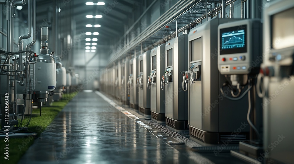 Obraz premium Futuristic Dairy Barn with Climate Control Robotic Systems and IoT Enabled Devices Visualized with Network Effects and Copy Space