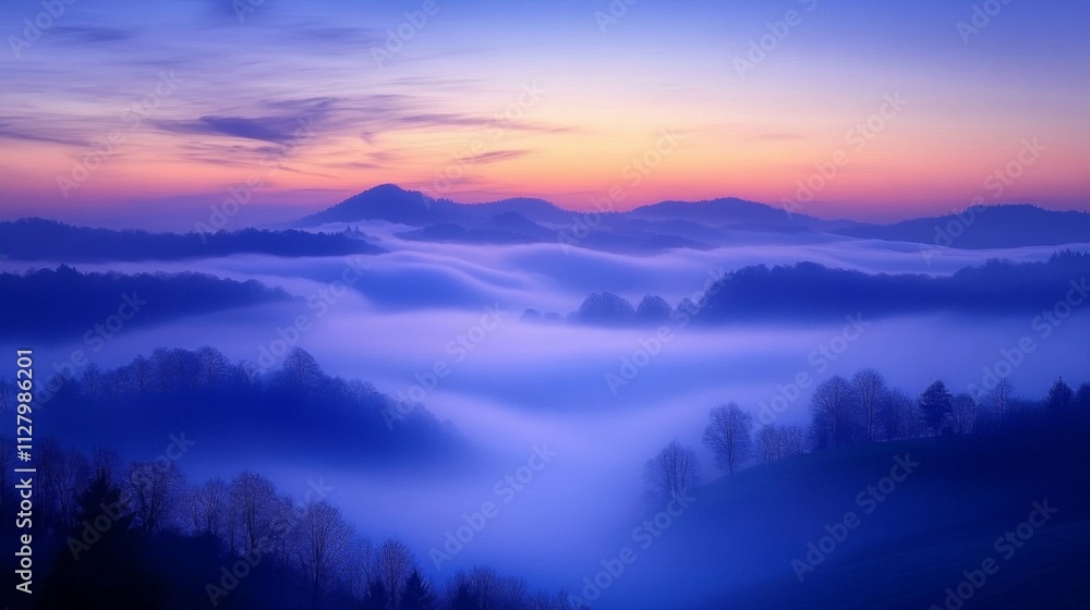 Serene Sunrise Over Foggy Mountain Valley Serene Sunrise Over Foggy Mountain Valley