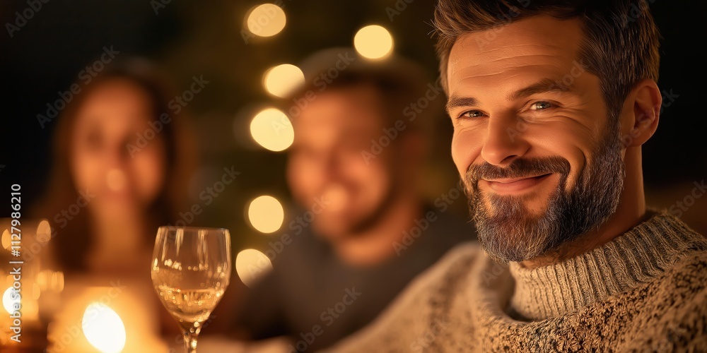 A joyful young man smiles warmly while enjoying drinks with friends in a beautifully lit evening setting, capturing the essence of friendship and celebration. A joyful young man smiles warmly while enjoying drinks with friends in a beautifully lit evening setting, capturing the essence of friendship and celebration.
