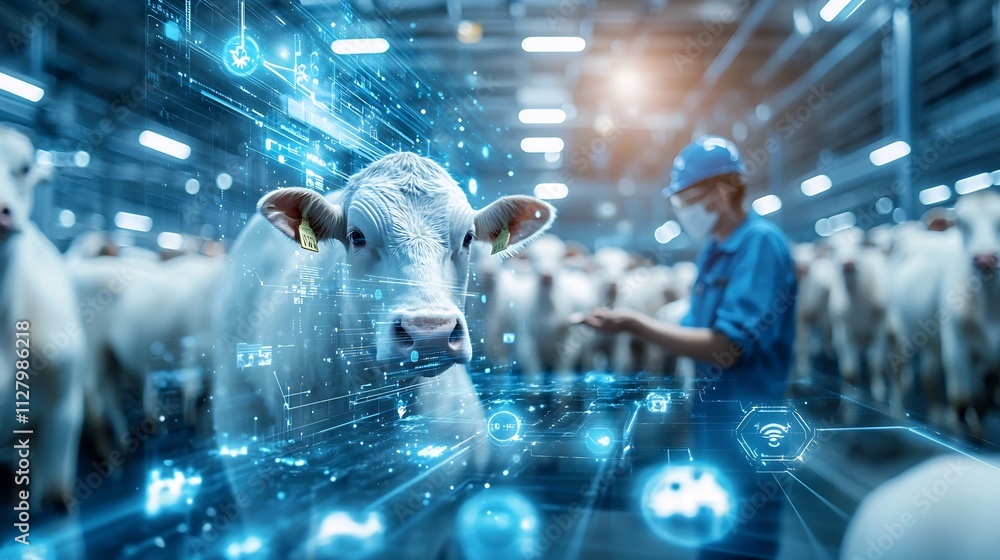 Fototapeta premium A worker inspecting a robotic milking system in a modern dairy farm with holographic overlays showing network connectivity and data analytics