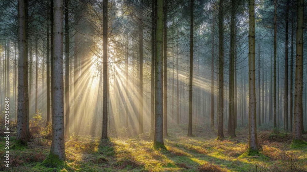 Obraz premium Sunbeams Illuminate Misty Forest Trees