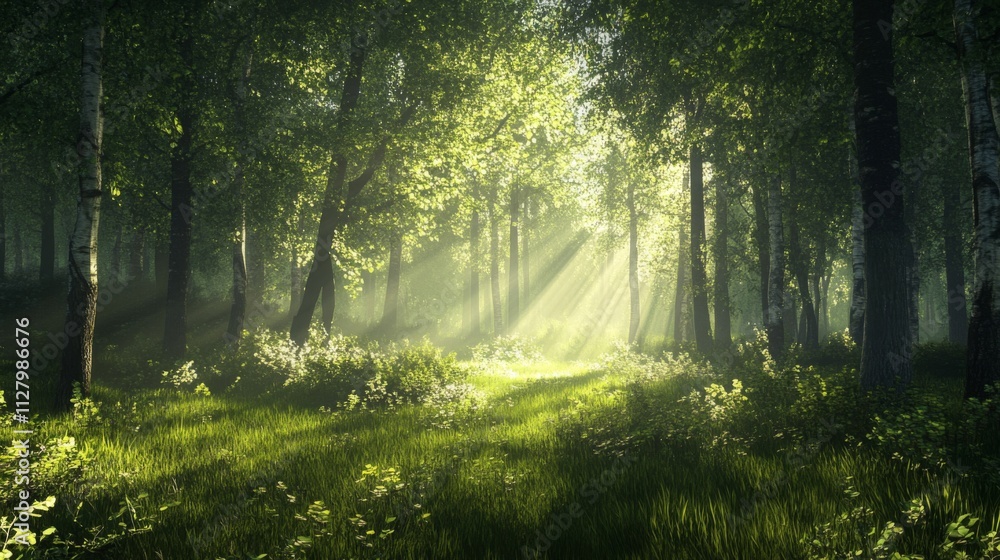 Sunbeams Illuminate a Lush Green Forest Sunbeams Illuminate a Lush Green Forest