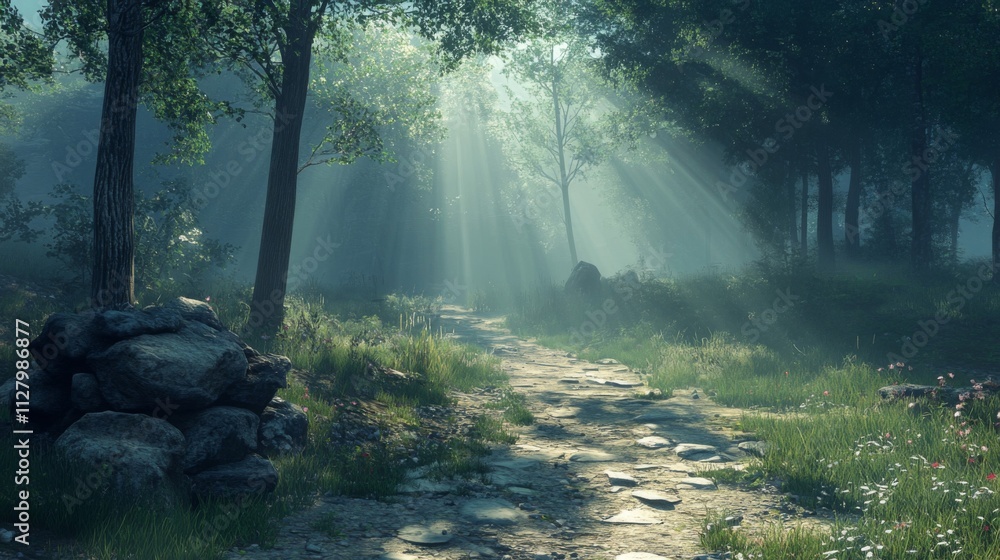 Obraz premium Sunbeams Illuminate a Misty Forest Path