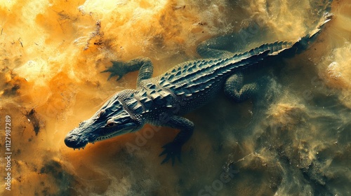 Young crocodile submerged in murky, yellow water.