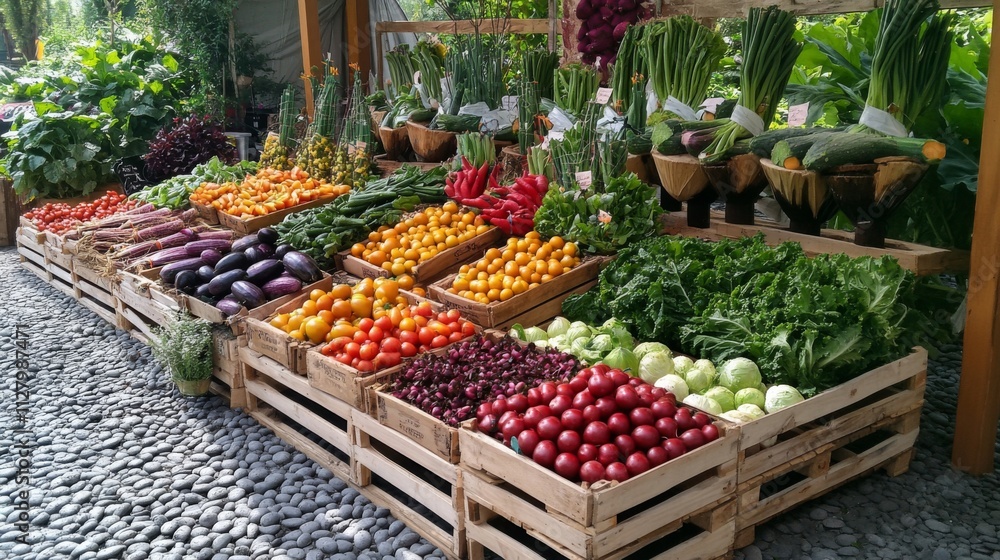 Colorful Fresh Produce Displayed In Wooden Crates Colorful Fresh Produce Displayed In Wooden Crates