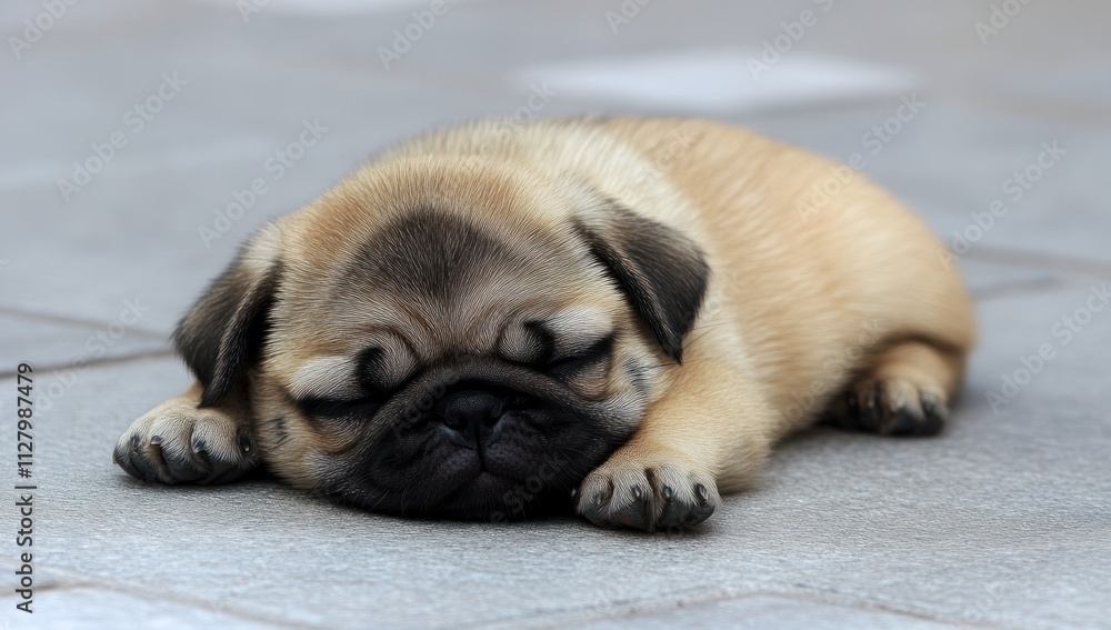 Adorable pug puppy sleeping peacefully on the ground. Adorable pug puppy sleeping peacefully on the ground.