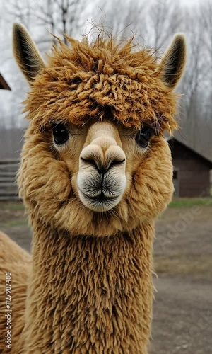 A gentle alpaca with long eyelashes standing near a barn1 photo