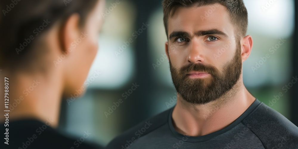 A focused man gazes with intensity, deep in thought, in a stylish studio space, reflecting the concepts of strength, determination, and self-reflection.