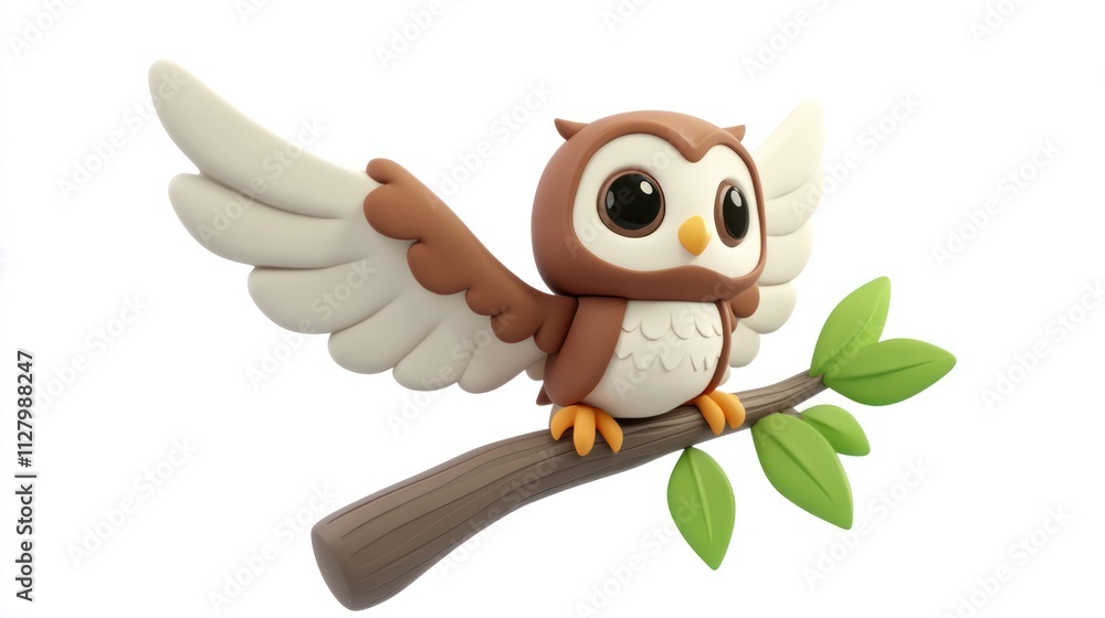 Cute cartoon owl perched on a branch, wings outstretched. Cute cartoon owl perched on a branch, wings outstretched.