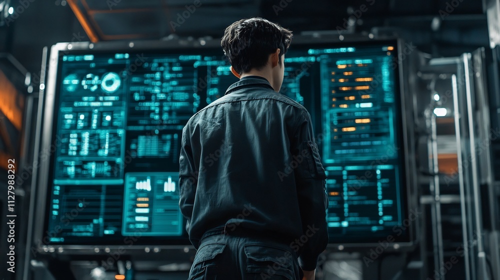 Technician standing in front of a massive digital dashboard displaying real time network activity and analytics in a futuristic data center with a high tech advanced Technician standing in front of a massive digital dashboard displaying real time network activity and analytics in a futuristic data center with a high tech advanced