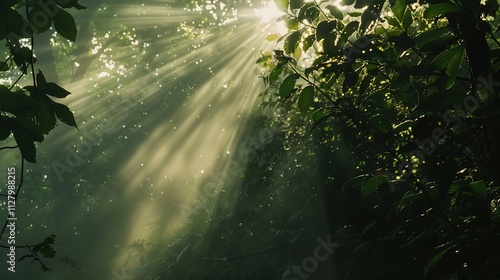 Beautiful Rays of Sunlight in a Green Forest, Shining Through the Trees, Creating a Serene and Picturesque Natural Scene.