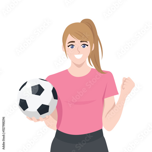 Young woman football or soccer player standing and holding ball in hand. Flat vector Character Illustration