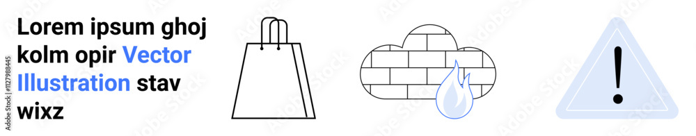 Shopping bag icon, cloud with a raindrop, and a triangular warning sign. Ideal for e-commerce, weather updates, hazard warnings, online shopping, environmental awareness, alerts notifications Shopping bag icon, cloud with a raindrop, and a triangular warning sign. Ideal for e-commerce, weather updates, hazard warnings, online shopping, environmental awareness, alerts notifications