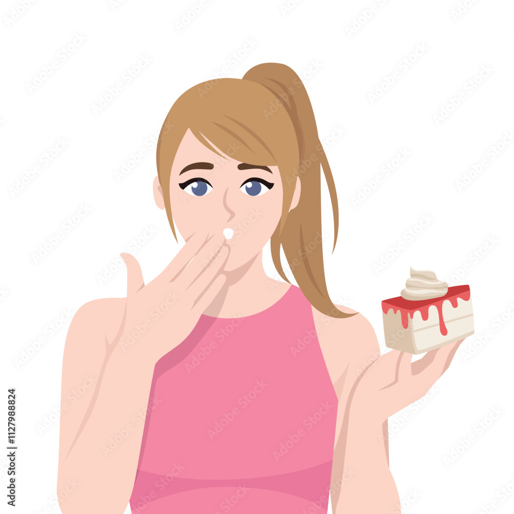 Pretty woman diet with cake slice. Flat vector Character Illustration Pretty woman diet with cake slice. Flat vector Character Illustration