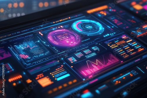 Futuristic digital dashboard displaying data analytics, graphs, and charts.