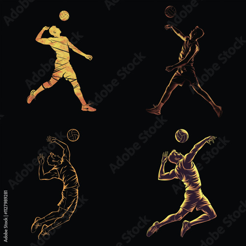 Basketball players set Golden linear basketball player illustration for sports