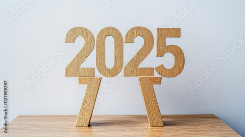 Wooden numbers two thousand twenty five stand on sevens photo