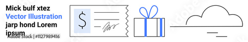 Gift certificate with dollar sign and signature, blue ribboned gift box, and a cloud graphic. Ideal for digital rewards, online shopping, e-commerce, cloud services, digital gifts, voucher systems