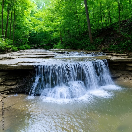 Tranquil Forest Waterfall: A Scenic Cascade Flowing Over Smooth Rock Layers Surrounded by Lush Greenery in a Peaceful Woodland Setting, Capturing Nature's Beauty and Serenity