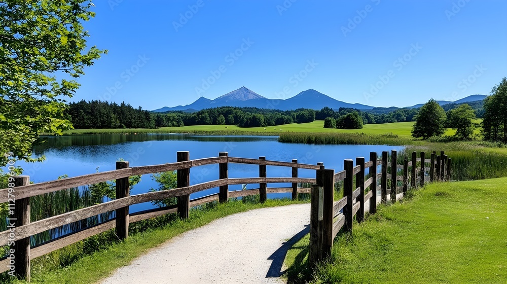Scenic Pathway by a Peaceful Lake with Wooden Fence, Lush Green Meadows, and Distant Mountains Under a Clear Blue Sky, Offering a Serene and Idyllic Landscape View in Nature Scenic Pathway by a Peaceful Lake with Wooden Fence, Lush Green Meadows, and Distant Mountains Under a Clear Blue Sky, Offering a Serene and Idyllic Landscape View in Nature