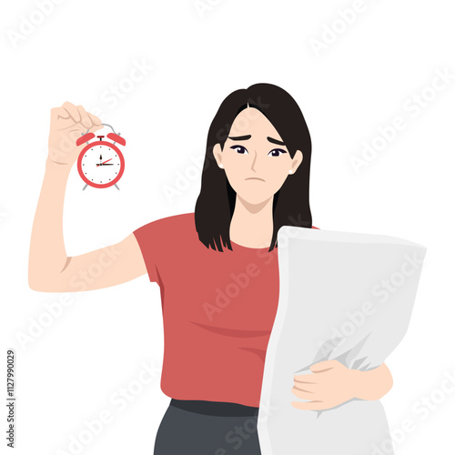 Young woman with insomnia. Sleepy female character who cant sleep holding pillow and alarm clock. Flat vector Character Illustration