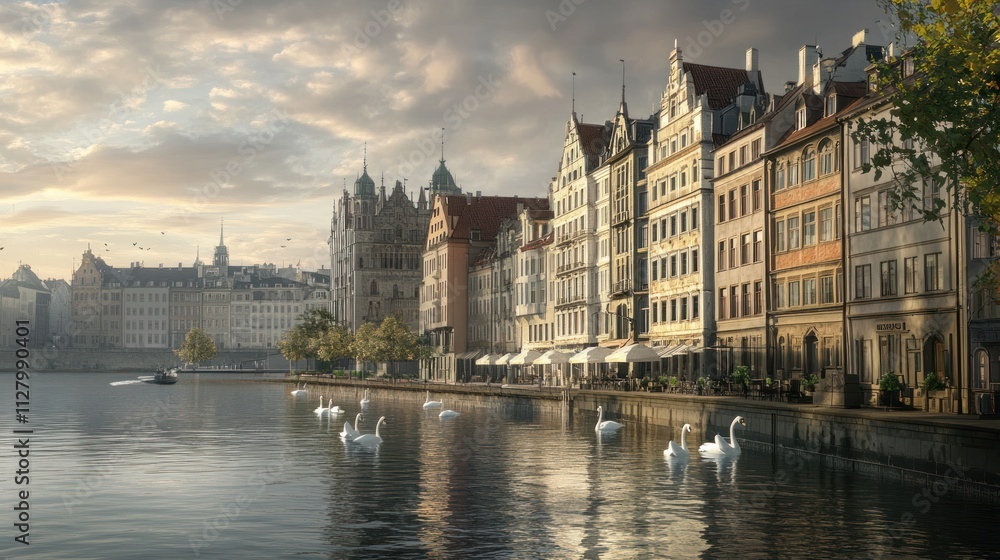 Obraz premium Quiet riverside cityscape, swans in the water, mix of historic and modern buildings, early morning,