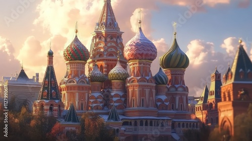 Saint Basil's Cathedral, Moscow, snow, sunset.