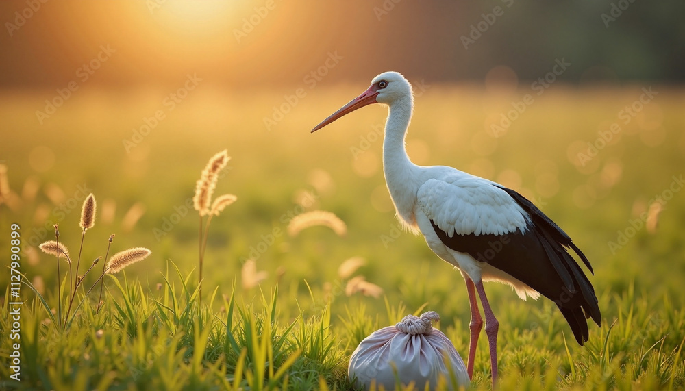 Obraz premium Stork standing gracefully in a sunlit field with a bag at sunset