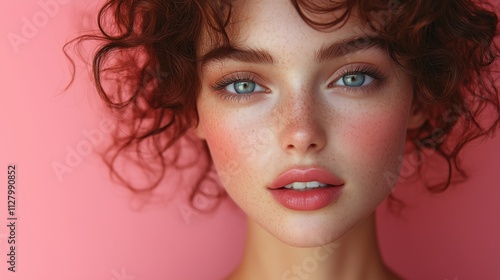 Beautiful Portrait of a Young Woman with Curly Hair and Freckles