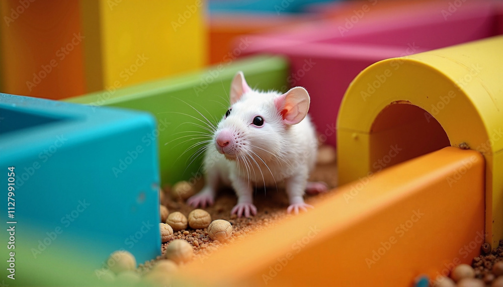Fototapeta premium White pet mouse exploring a colorful maze of wooden blocks in a playful environment