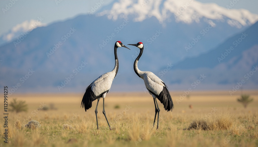 Obraz premium Elegant cranes display courtship behavior in a scenic natural landscape at dusk