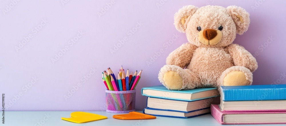 Teddy bear sitting on a stack of books with colored pencils and paper shapes. Teddy bear sitting on a stack of books with colored pencils and paper shapes.